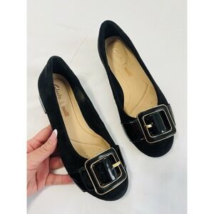 Clarks Rosabella Faye Black Patent Leather Suede Buckle Accent‎ Flats Shoes Sz 6